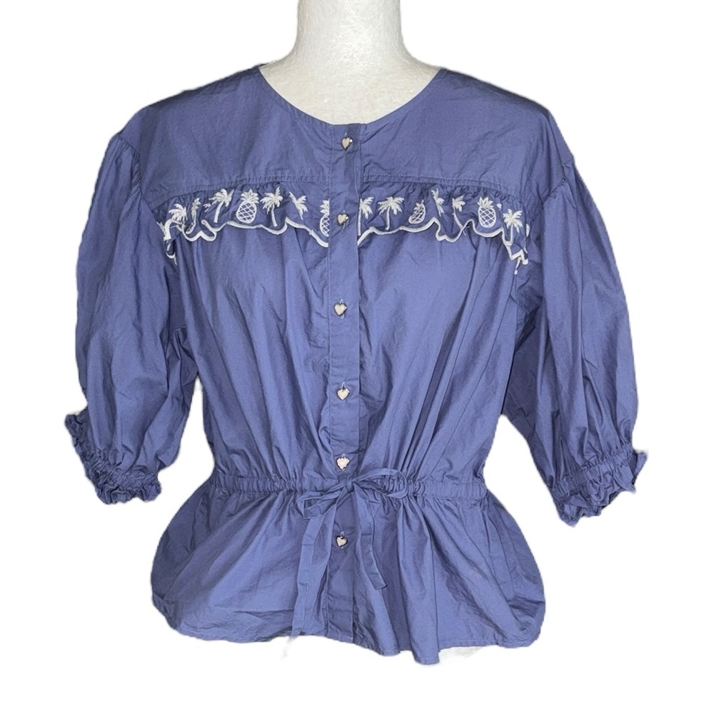 Emily Lovelock Jill Blue Purple Embroidered Pineapple Heart Button Peplum Top  L